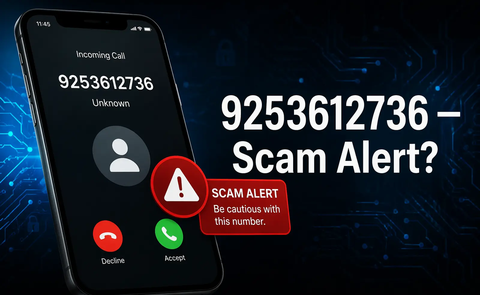 9253612736 scam call alert showing phone screen with unknown California number and warning sign,