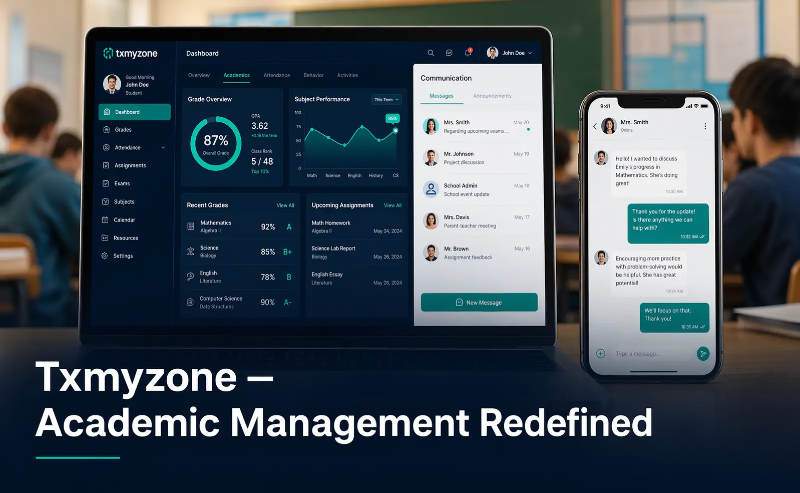 txmyzone academic management platform showing student grade tracking and parent communication dashboard on screen