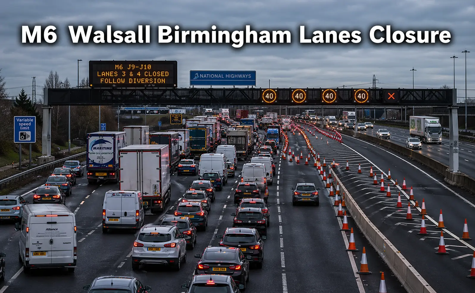 M6 Walsall Birmingham lanes closure showing heavy traffic congestion and roadworks signs on UK motorway, West Midlands 2026