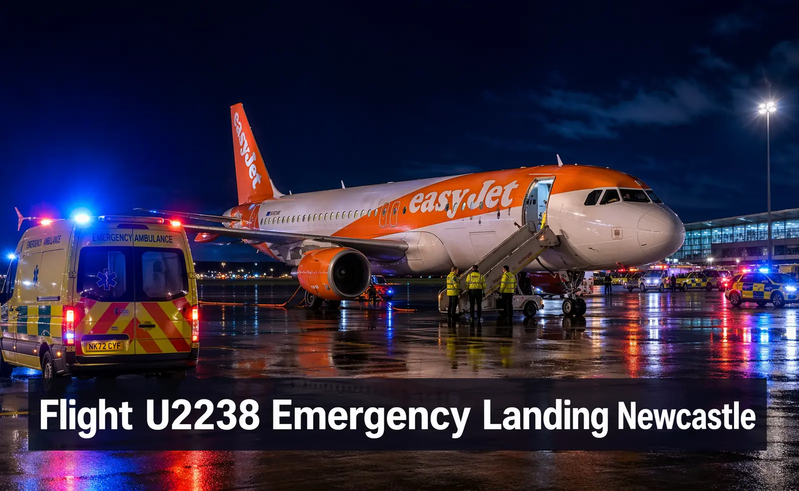 EasyJet Flight U2238 emergency landing Newcastle Airport at night with ambulance and ground crew responding, aviation safety response