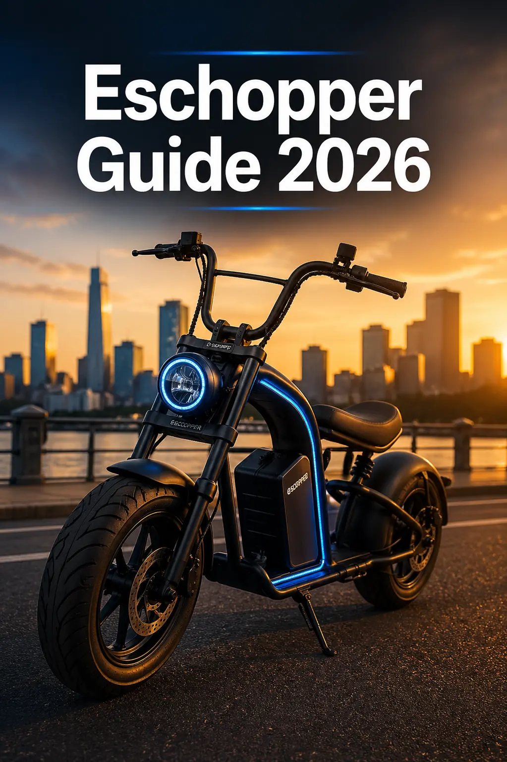 Eschopper guide showing a modern electric chopper scooter parked on a clean urban street with city background, 2026 model