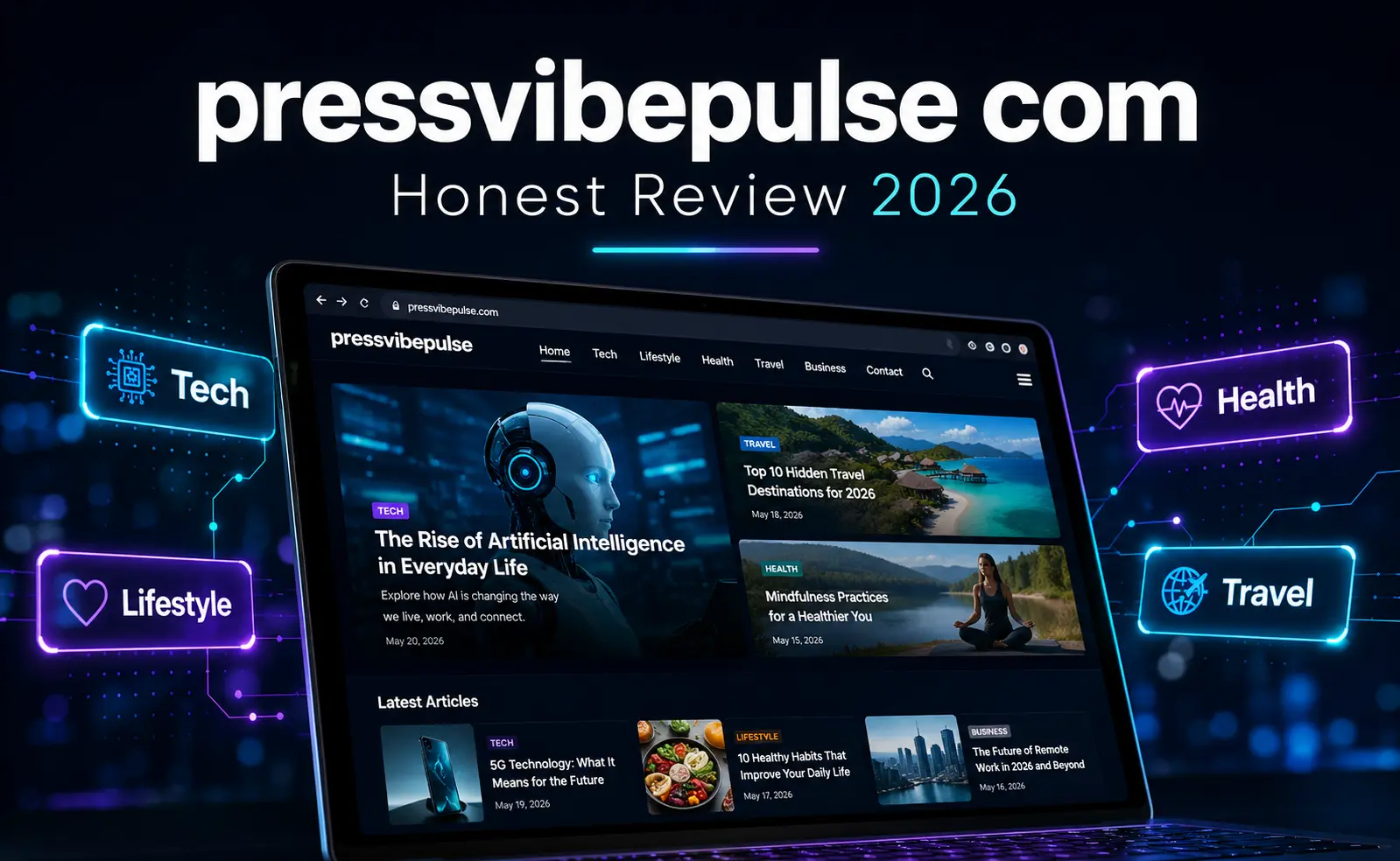 pressvibepulse com review showing digital content platform interface with trending topics and clean article layout, 2026