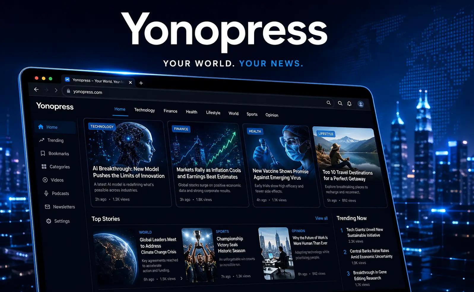 Yonopress platform interface showing multi-niche digital news categories including tech, finance, health and lifestyle content