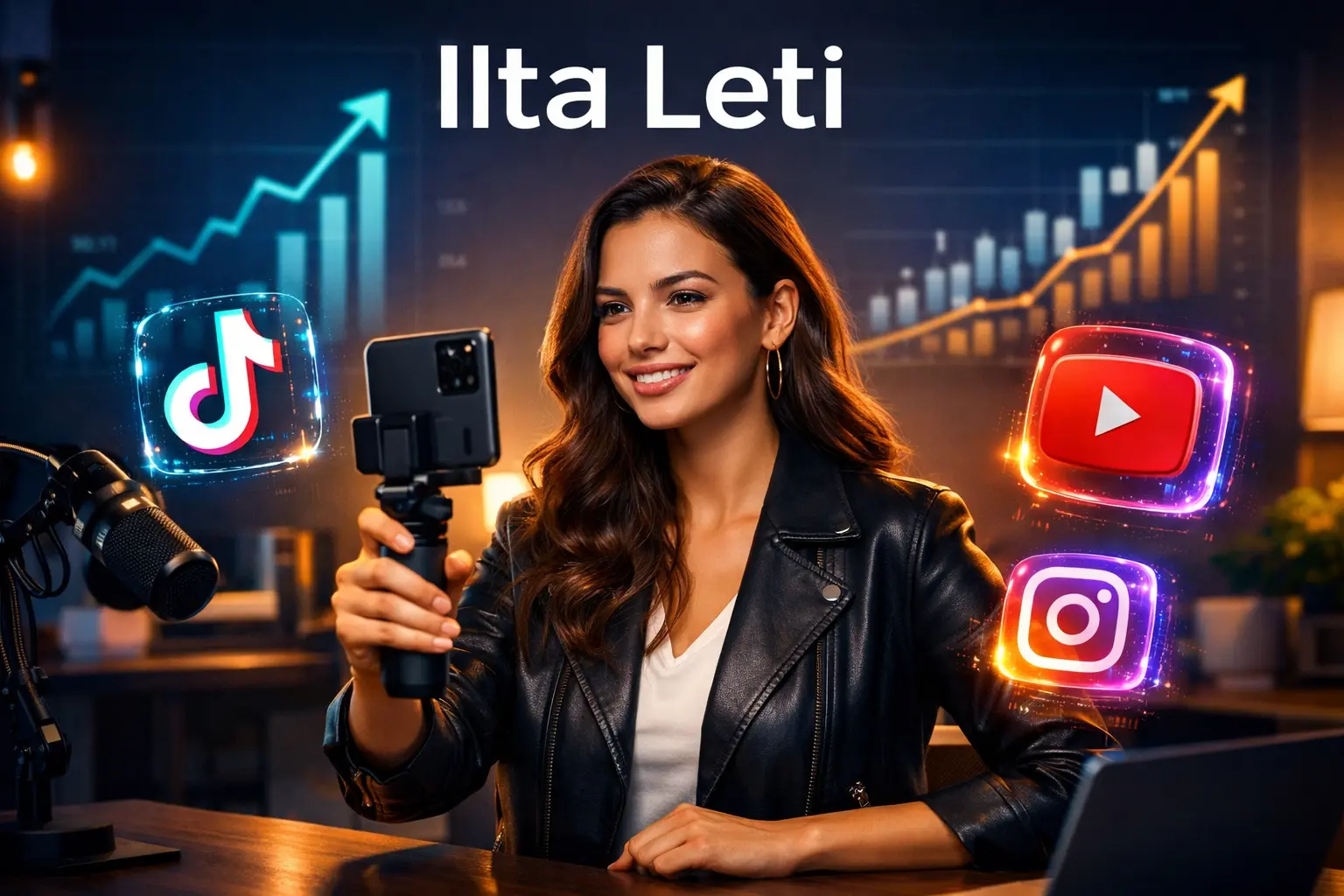 Ilta Leti creator filming smartphone content surrounded by social media platform growth icons and rising analytics charts