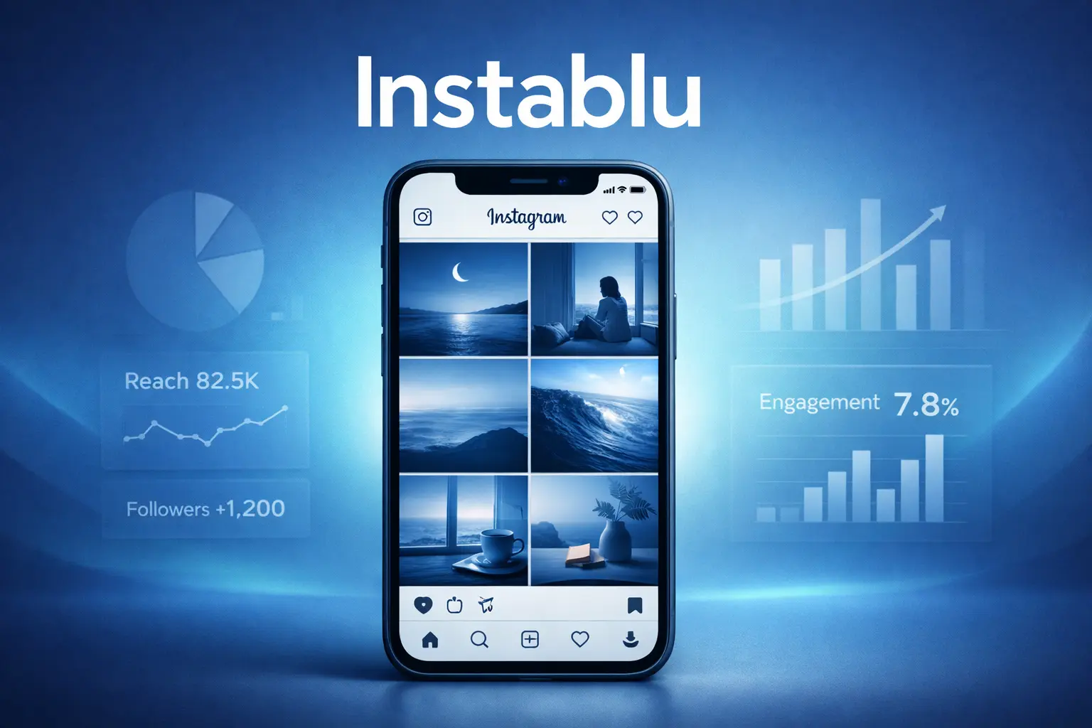 Instablu Instagram growth tool showing blue aesthetic feed design and analytics dashboard for US creators in 2026
