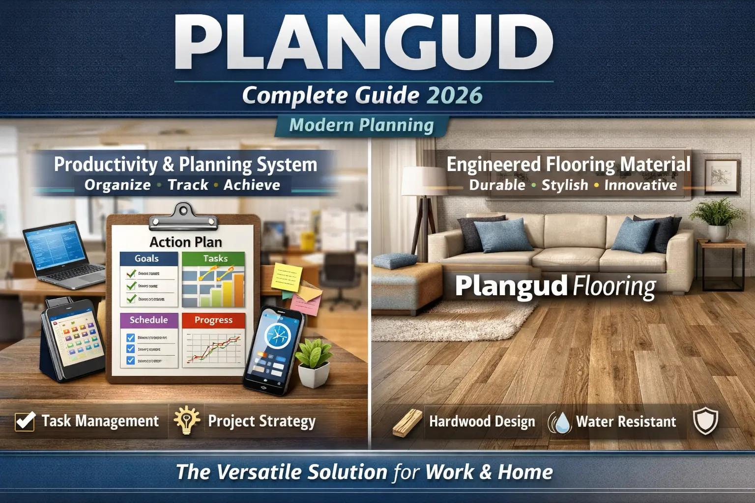Plangud meaning guide showing productivity planning system and engineered flooring material uses for US readers 2026