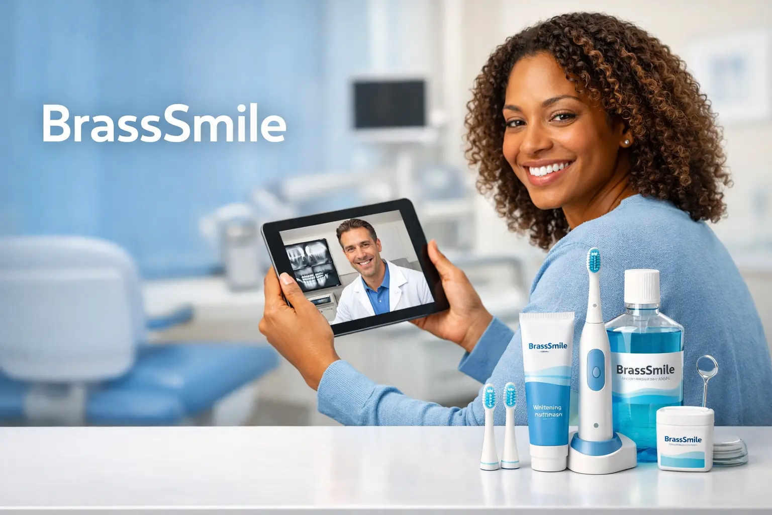 BrassSmile dental care platform showing virtual consultation and at-home oral health kit for US patients