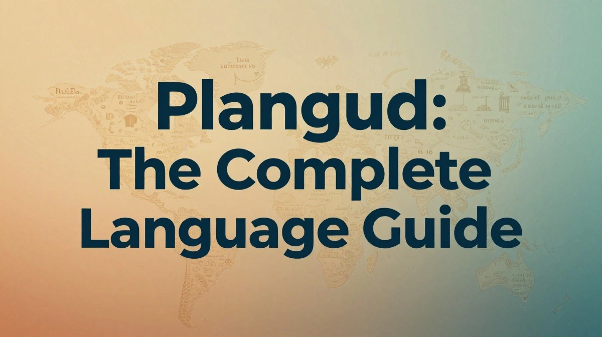 Plangud constructed language guide showing vocabulary and cultural symbols for learners in the United States