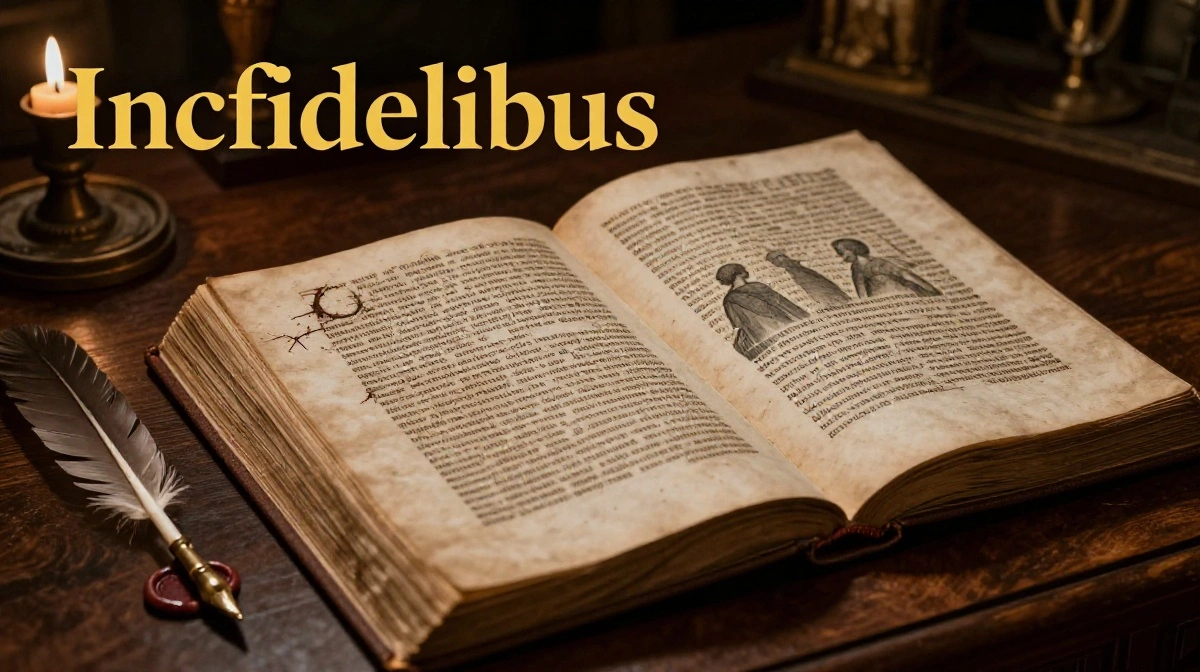 Incfidelibus concept shown through an ancient Latin manuscript surrounded by symbols of broken trust and fidelity