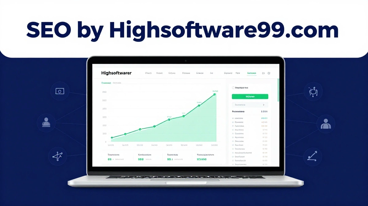SEO by highsoftware99.com showing structured website optimization strategy with analytics dashboard and growth chart